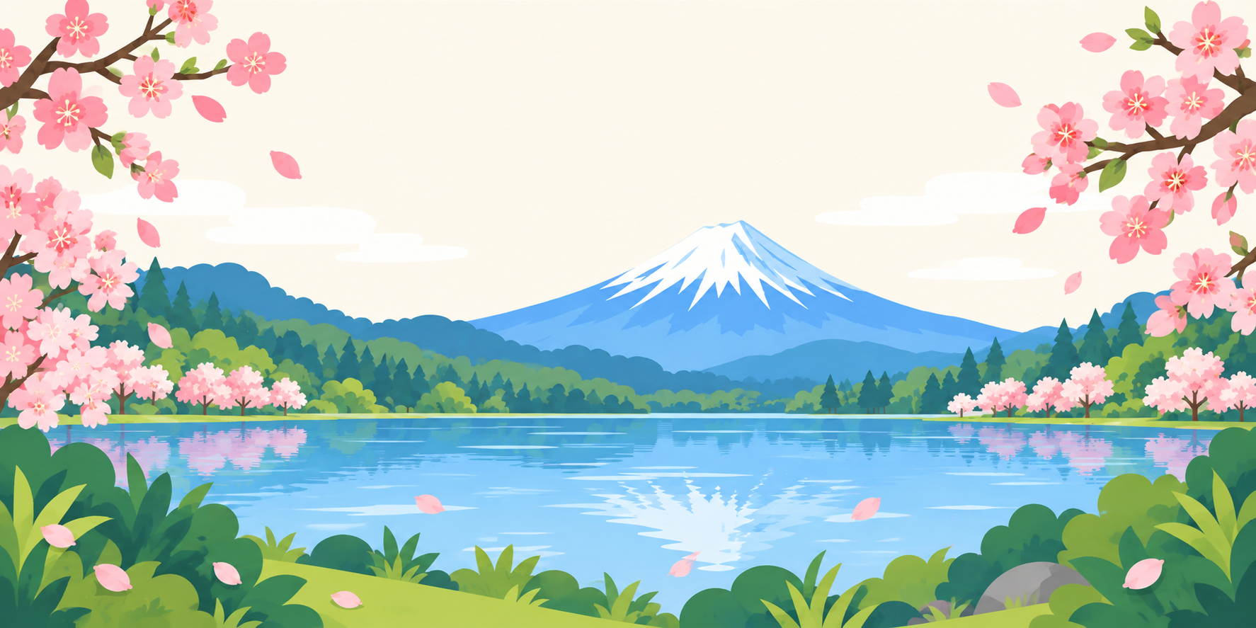 Mount Fuji rising over a blue lake, framed by forest and cherry blossoms